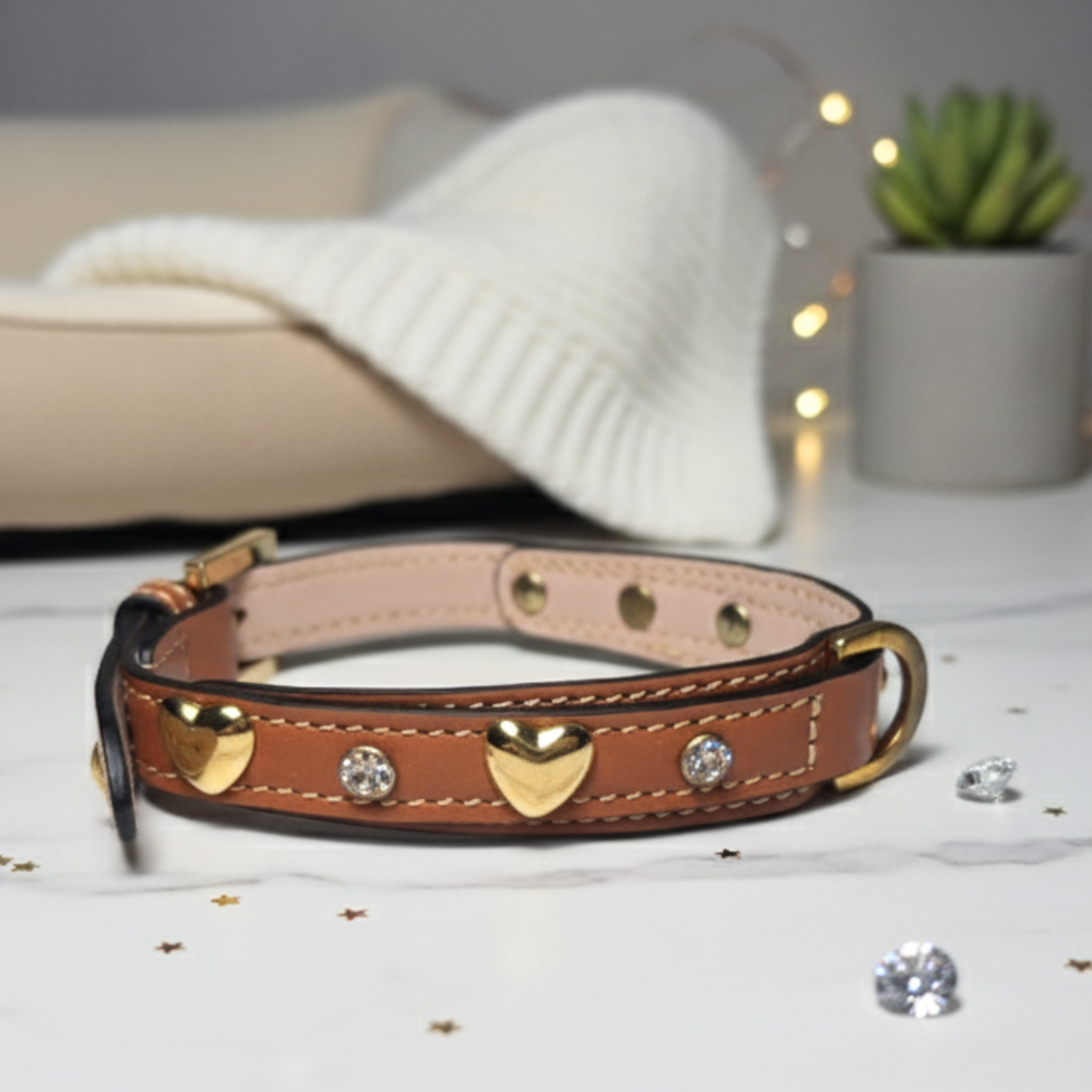 Set Collare con Cristalli e Guinzaglio in Pelle per Cani